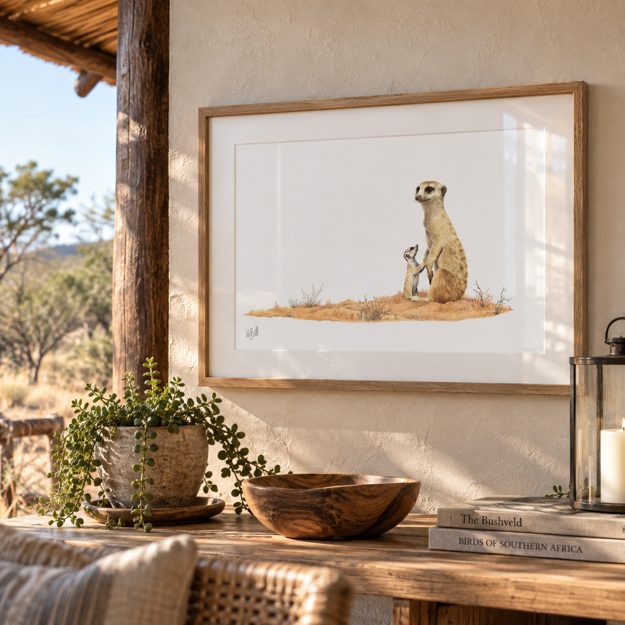 A framed art print featuring a watercolor illustration of two meerkats standing on a small patch of grass, displayed on a rustic wooden table in a warm, sunlit room setting.
