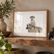 Pencil artwork by South African wildlife artist Matthew Bell of a baby baboon riding on its mothers back, mounted and framed with a kiaat frame and standing on a natural wooden shelf