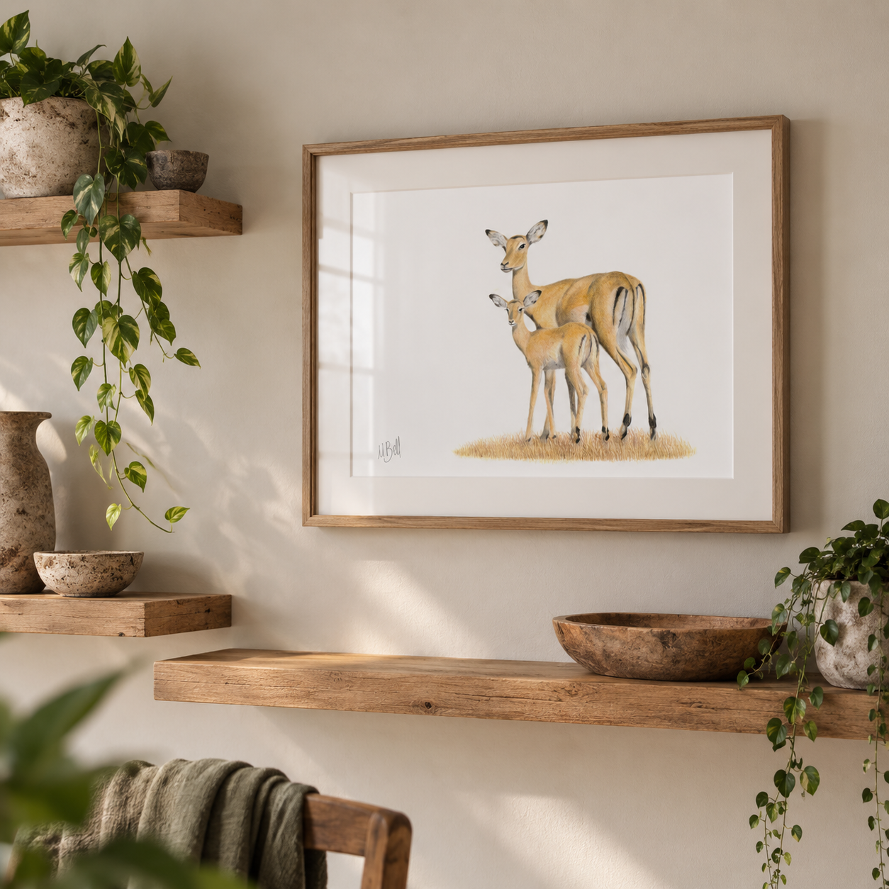 Matthew Bell wildlife art framed artwork of a mother and baby impala hanging on the wall
