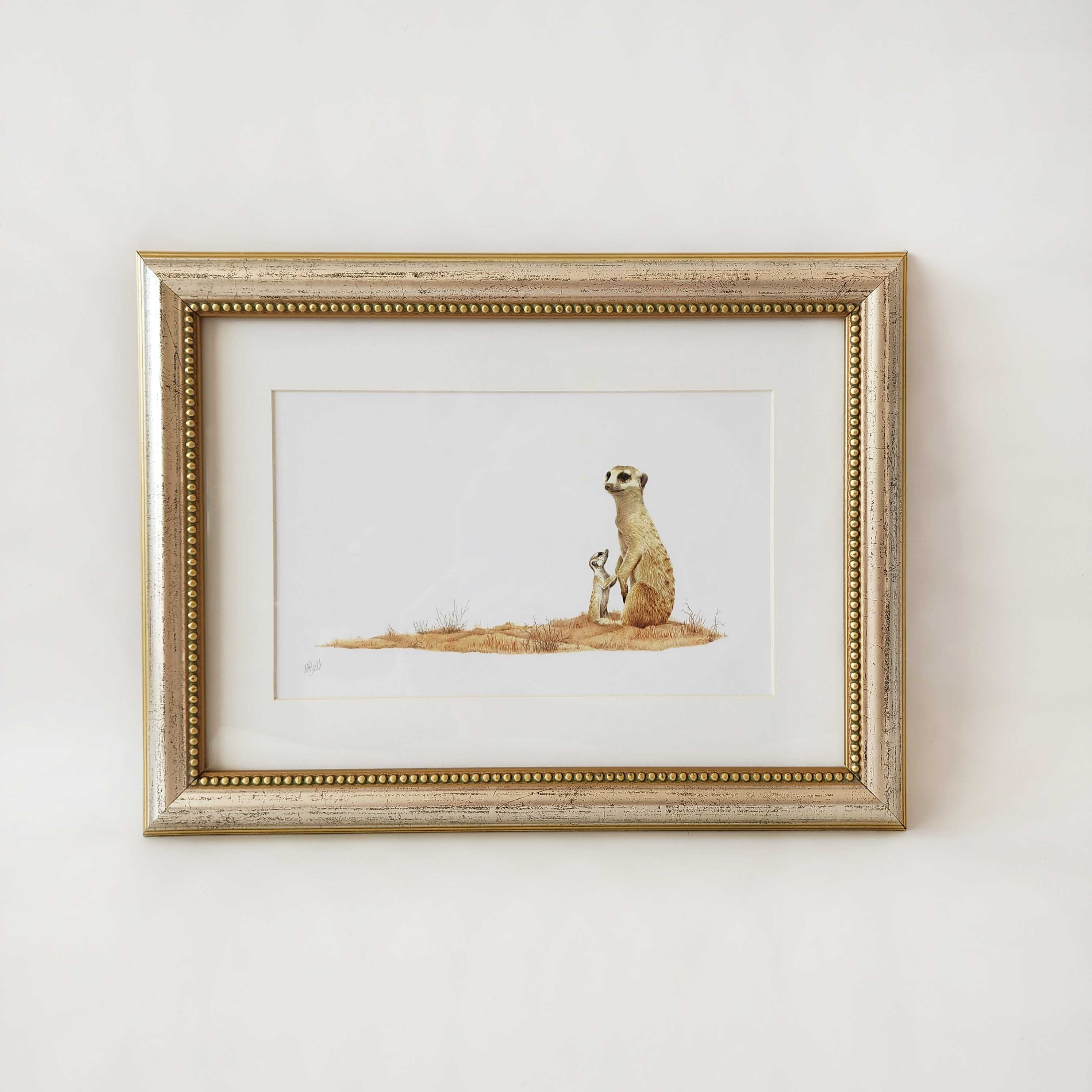 Artwork of mother and baby meerkat in the Kgalagadi Transfrontier park, Botswana, by wildlife artist Matthew Bell