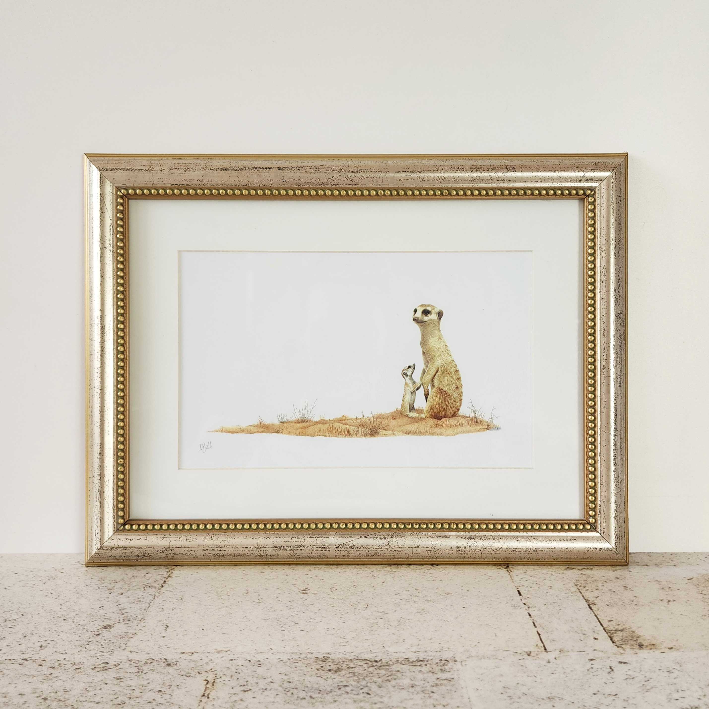 Artwork of mother and baby meerkat in the Kgalagadi Transfrontier park, Botswana, by wildlife artist Matthew Bell