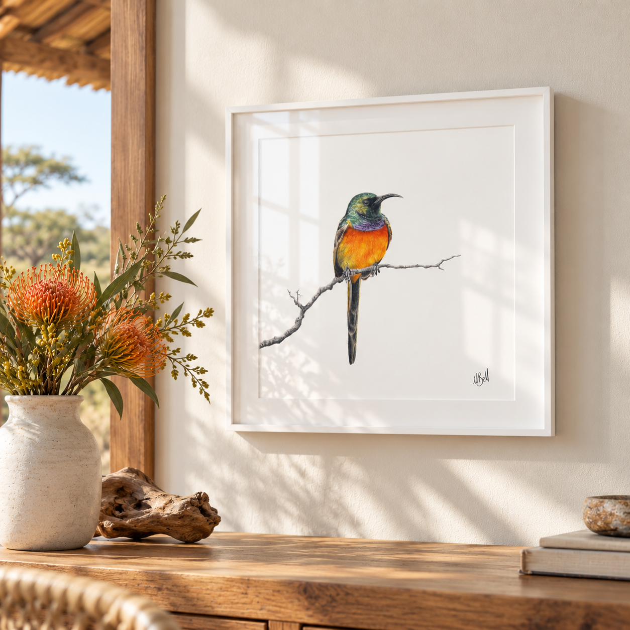 Framed picture of an Orange Breasted Sunbird with a white frame