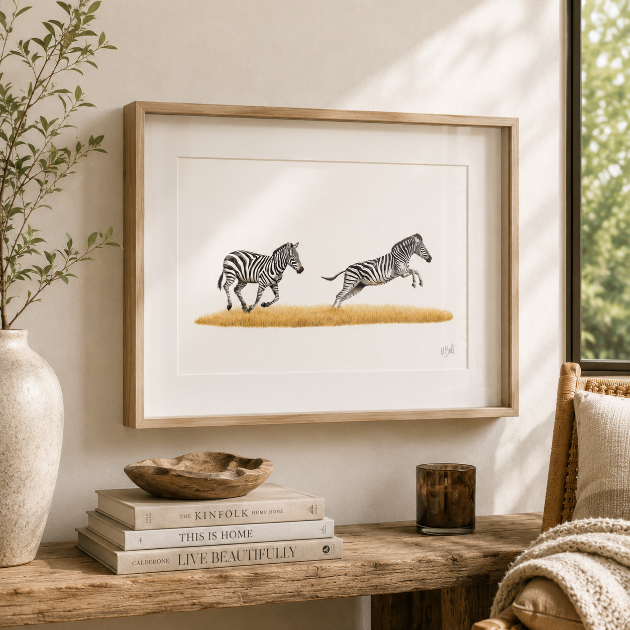 Kiaat framed picture of two zebra by South African wildlife artist Matthew Bell