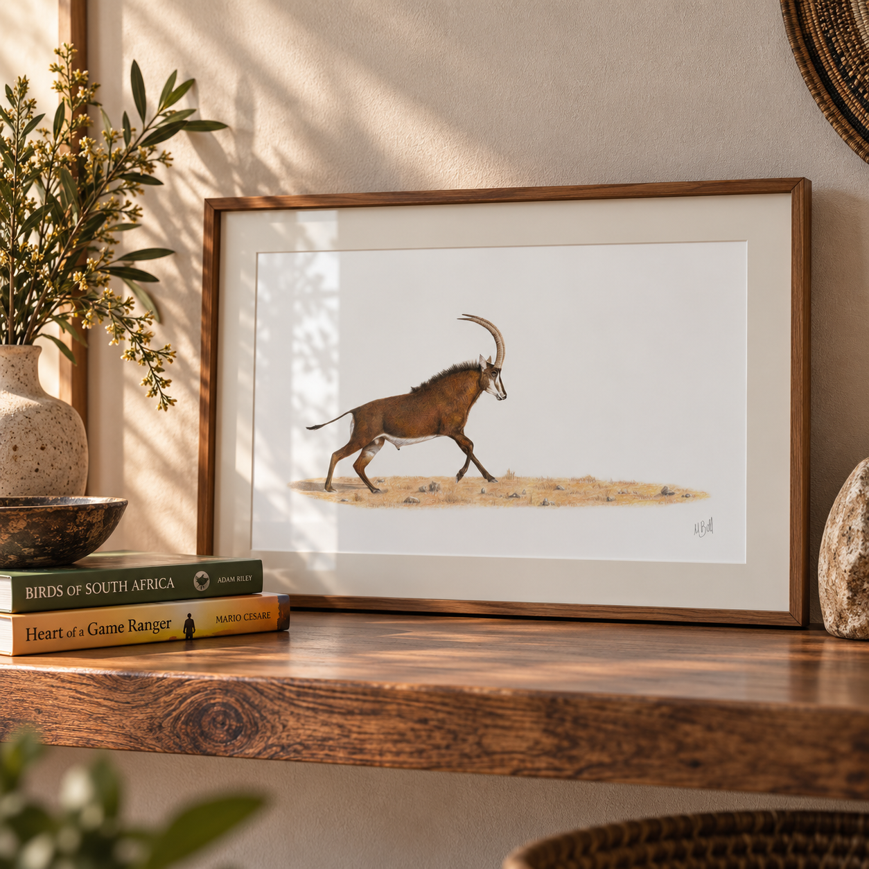 A framed print of a Sable Antelope running by Matthew Bell, standing on a wooden shelf in a warm sunlit room
