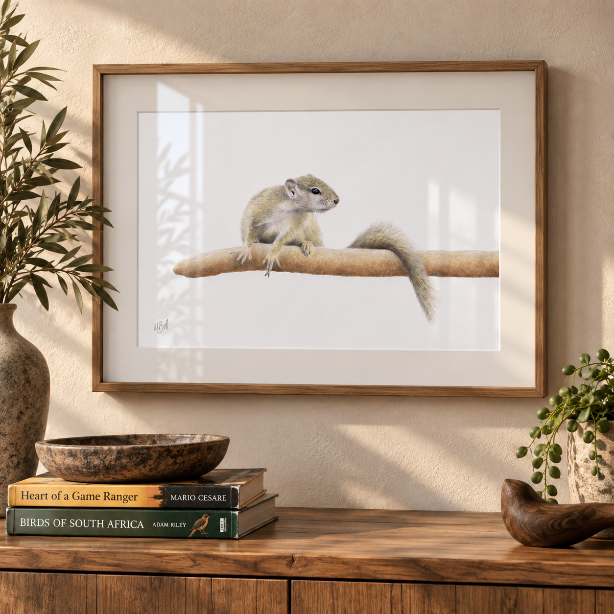 Framed artwork of a South African tree squirrel hanging on the wall in a lifestyle setting