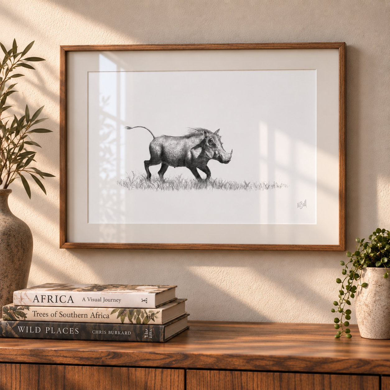 Framed artwork of a Warthog by wildlife artist Matthew Bell, hanging on the wall with decor on a sideboard made of board