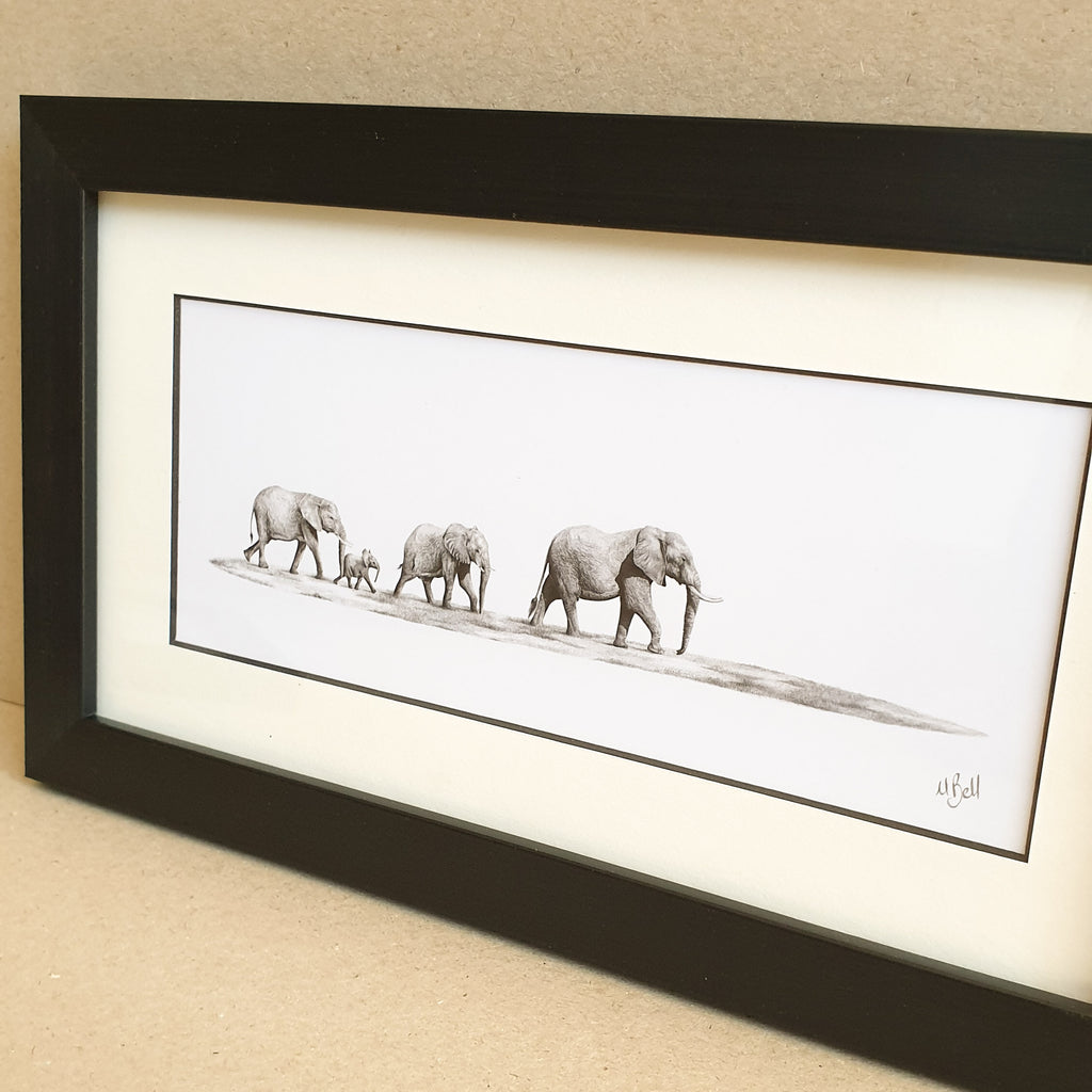 Elephant herd drawings with a frame by Matthew Bell