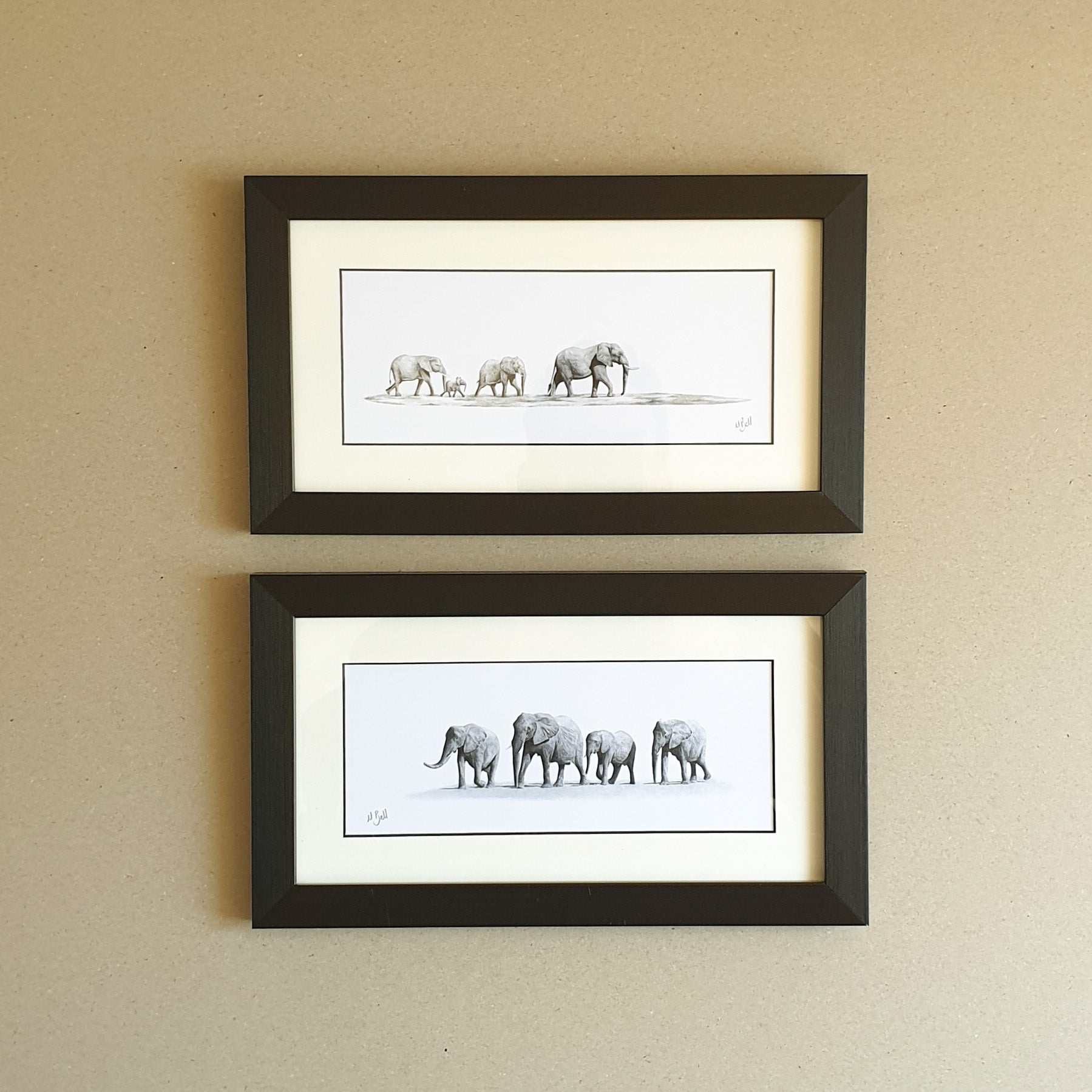 Elephant herd drawings with a frame by Matthew Bell