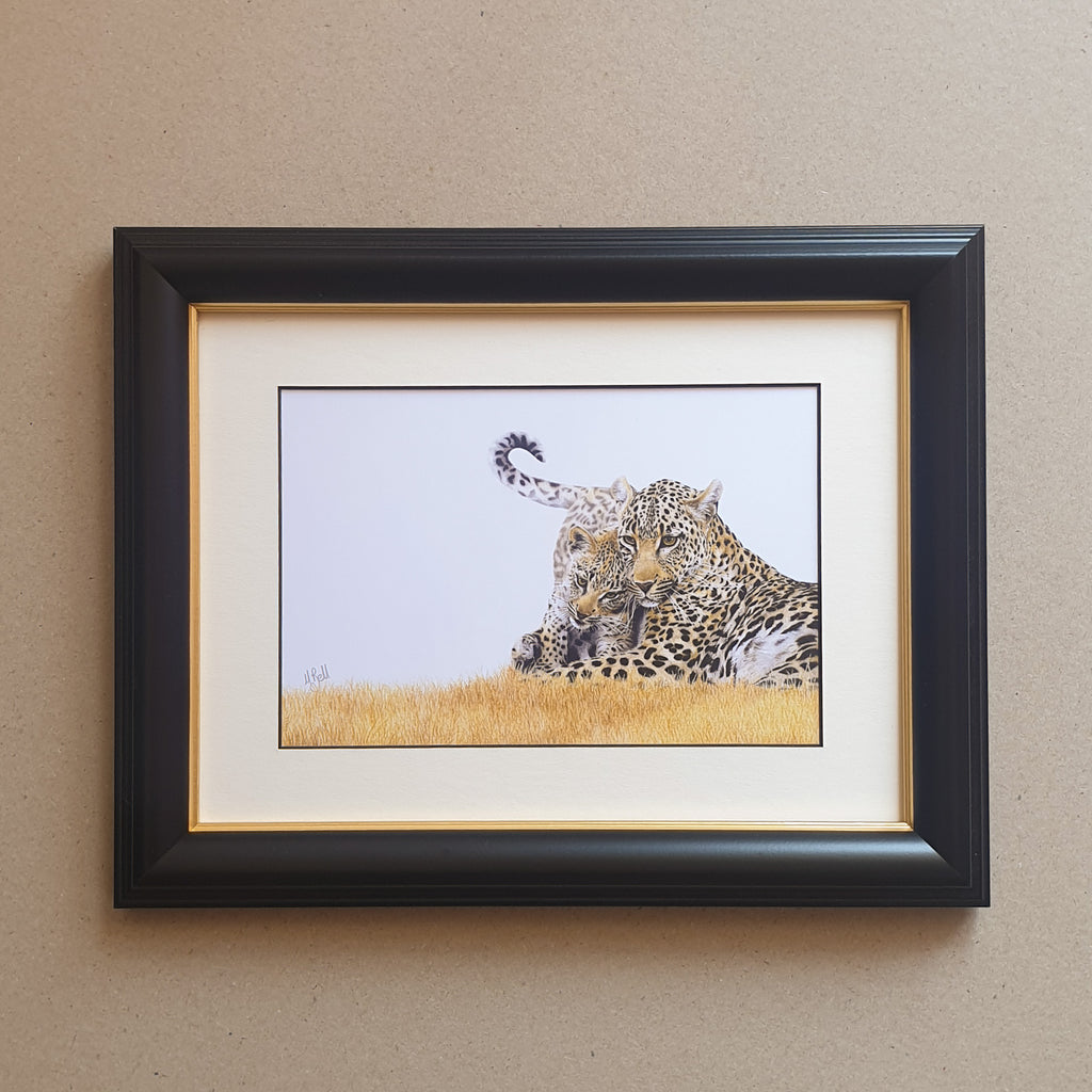 African wildlife art, leopard mother with a cub in a black frame