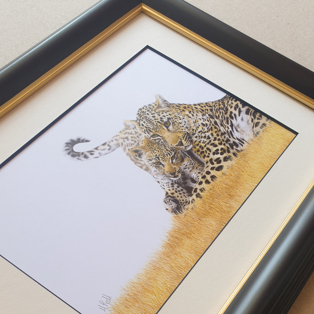African wildlife art, leopard mother with a cub in a black frame