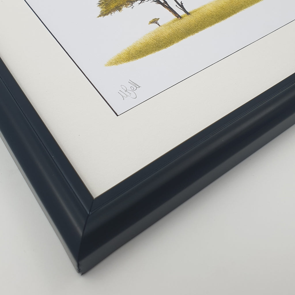 Elephant and acacia trees pencil drawing with a black frame